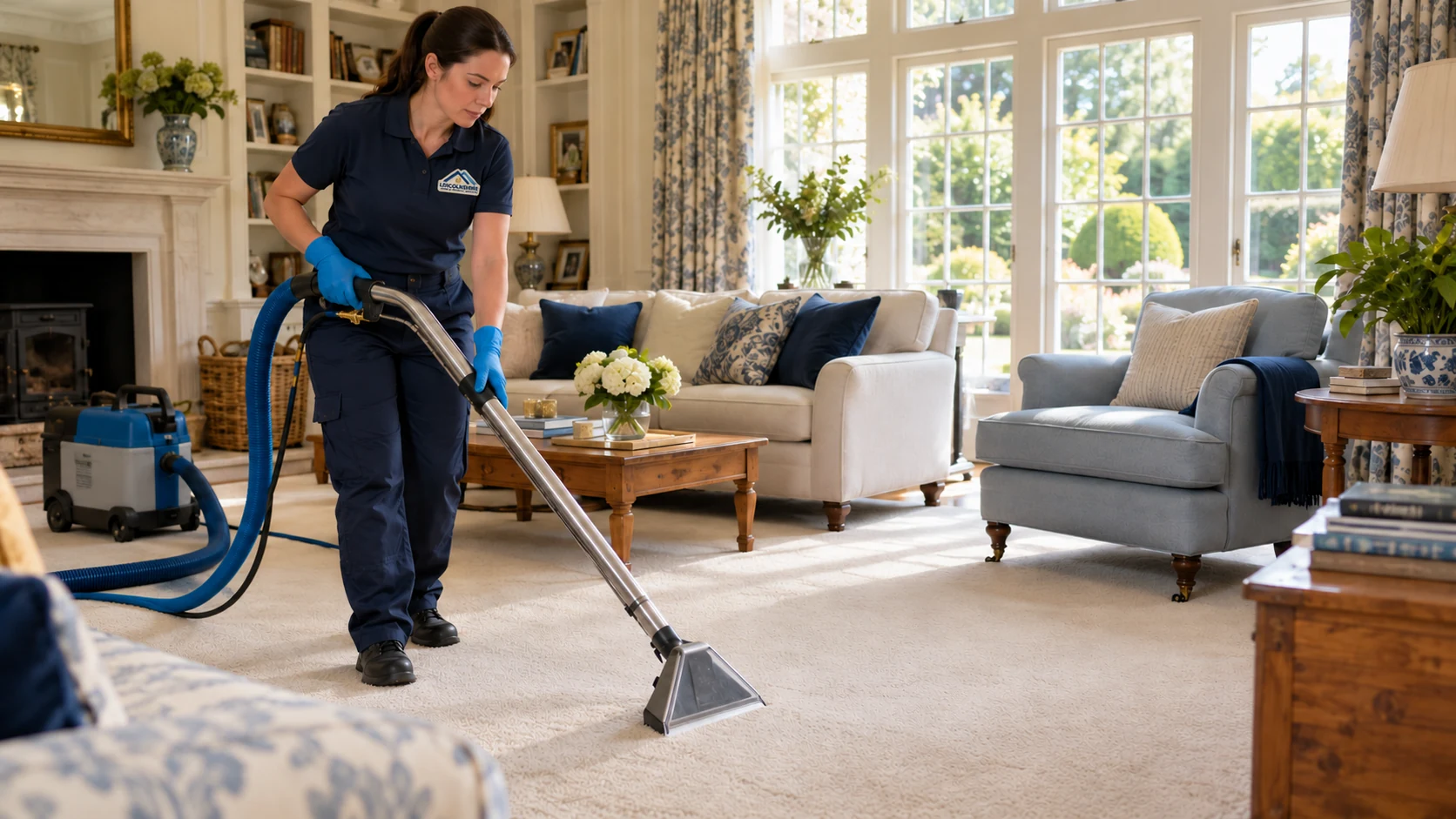 Illustrative professional in branded workwear extracting a cream carpet