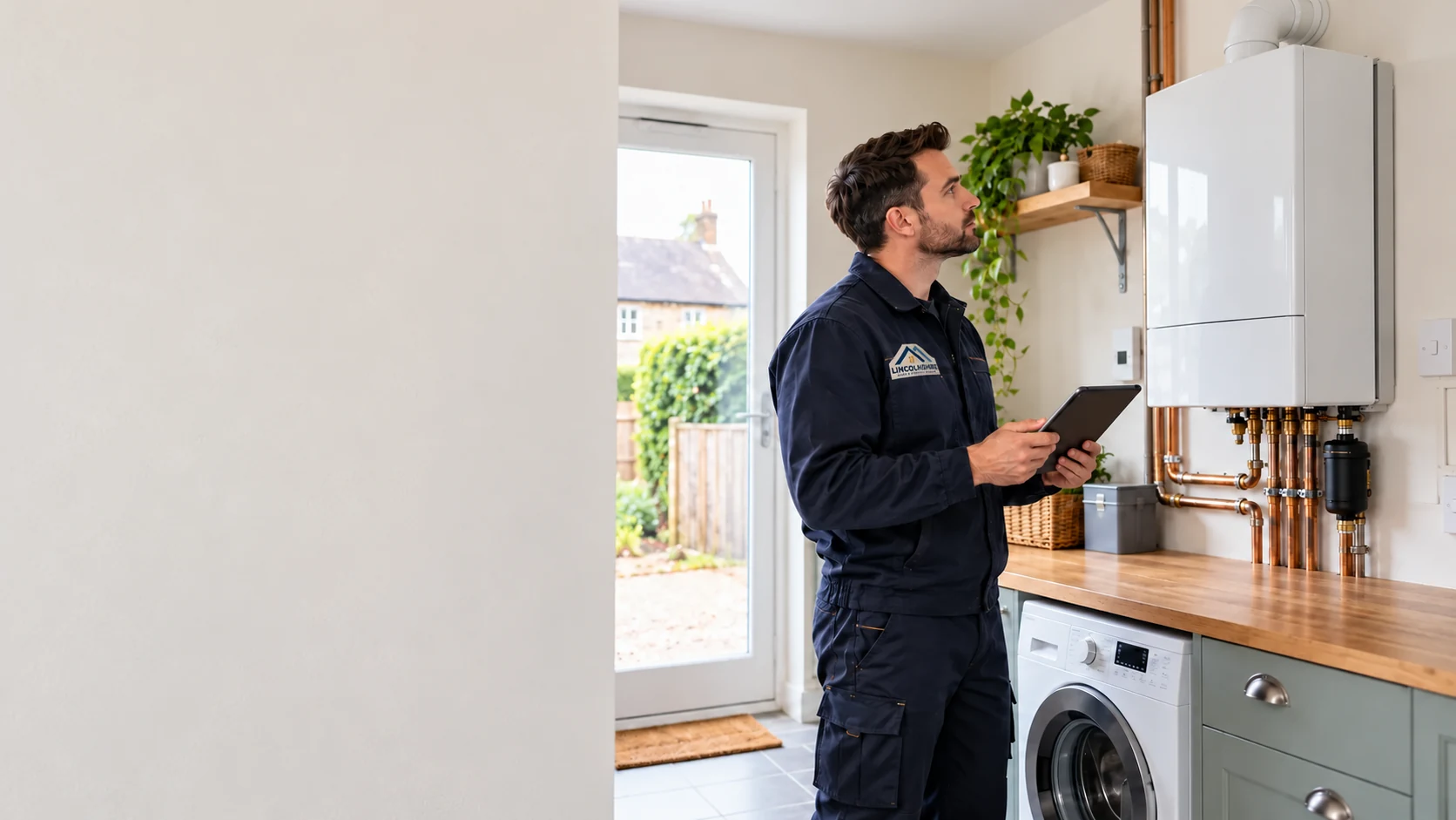 Illustrative professional reviewing a domestic boiler