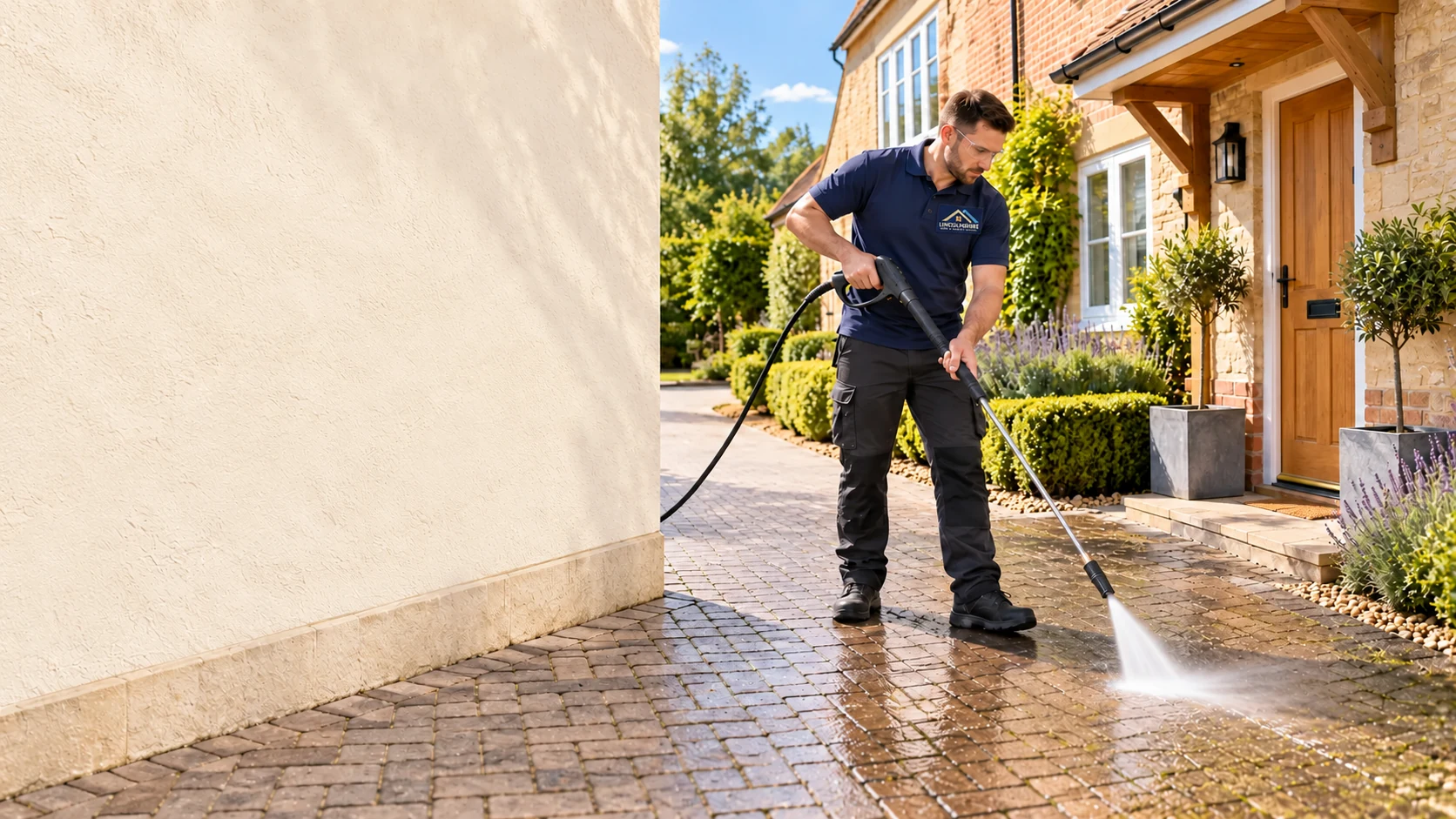 Illustrative professional pressure washing a driveway