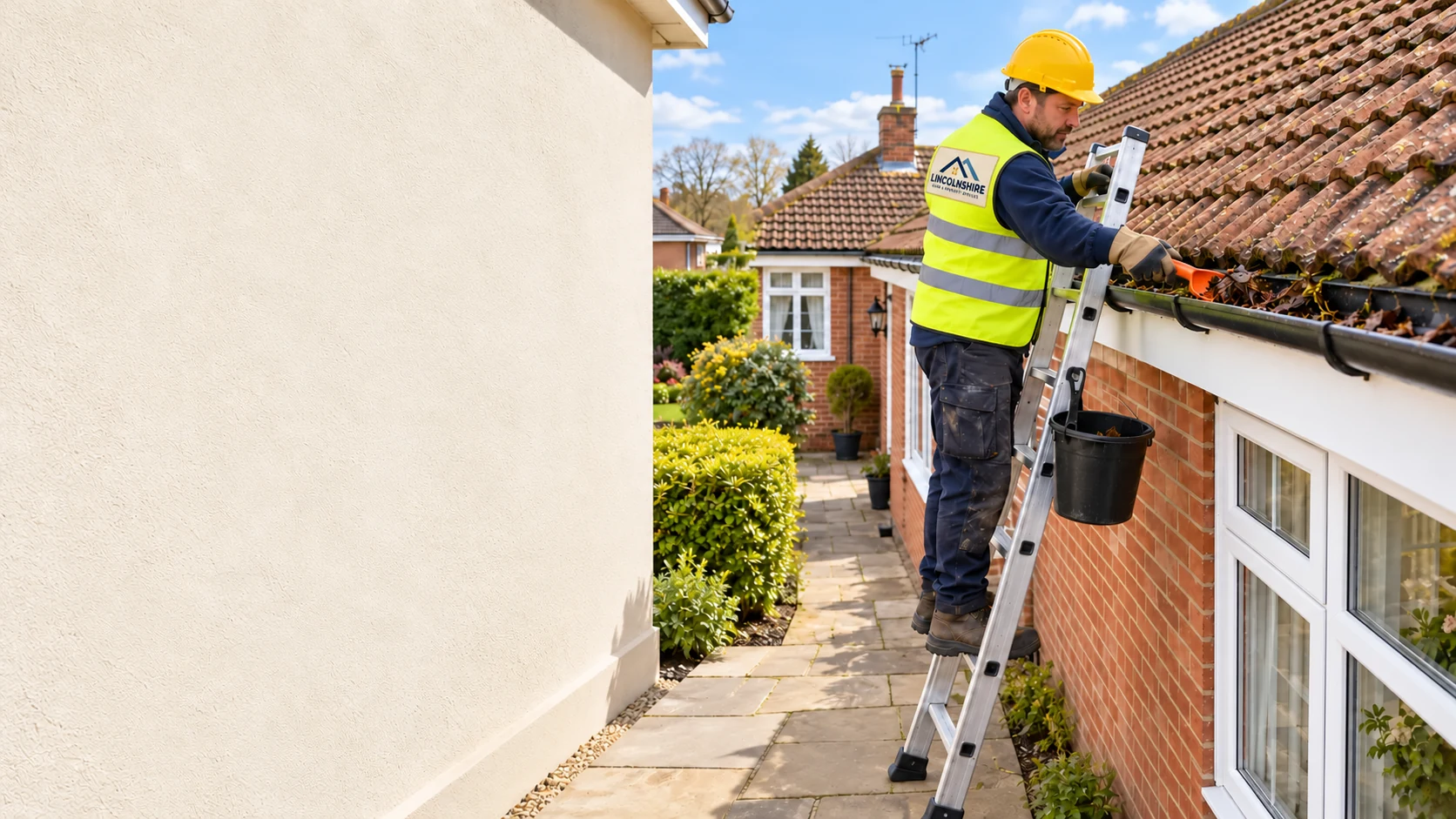 Illustrative professional clearing a gutter from a ladder