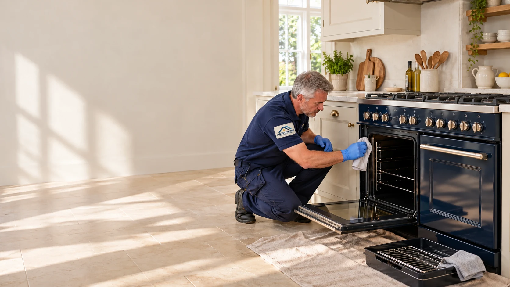 Illustrative professional cleaning around a range-cooker oven opening