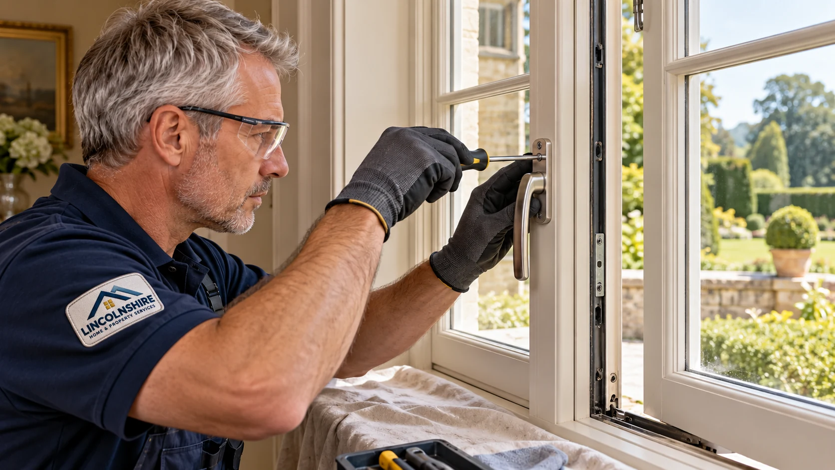 Illustrative installer carefully adjusting a casement window mechanism