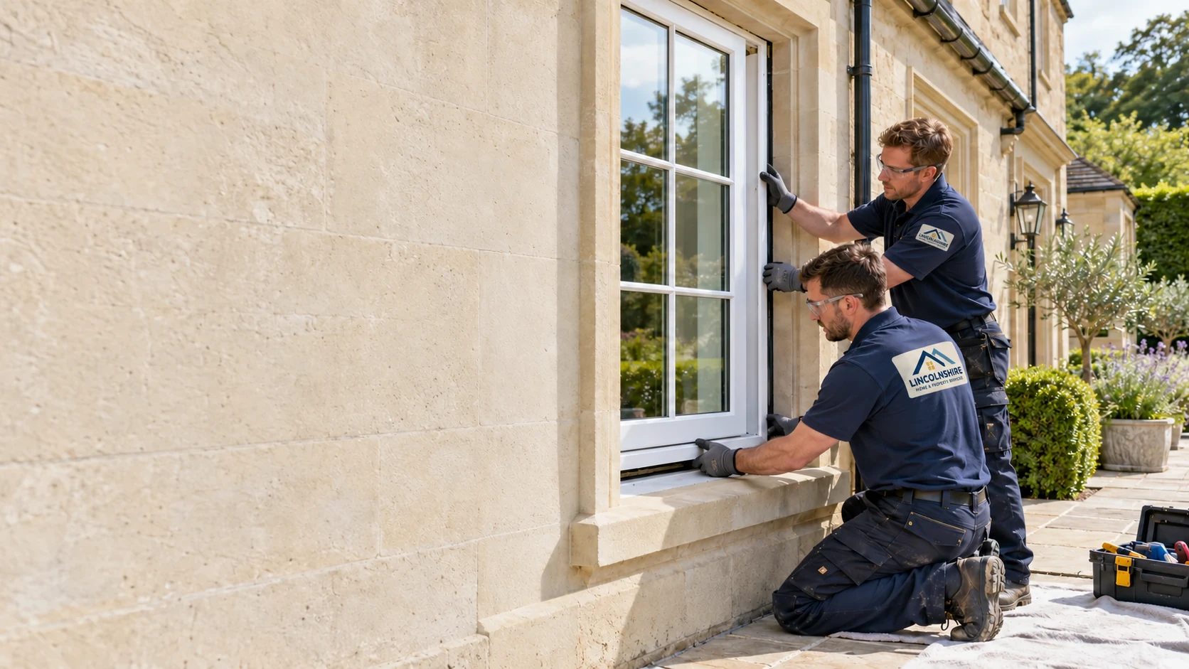 Illustrative installers seating a new casement window in a stone property